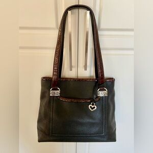 Elegant Brighton Black pebbled leather and Brown handbag; classic